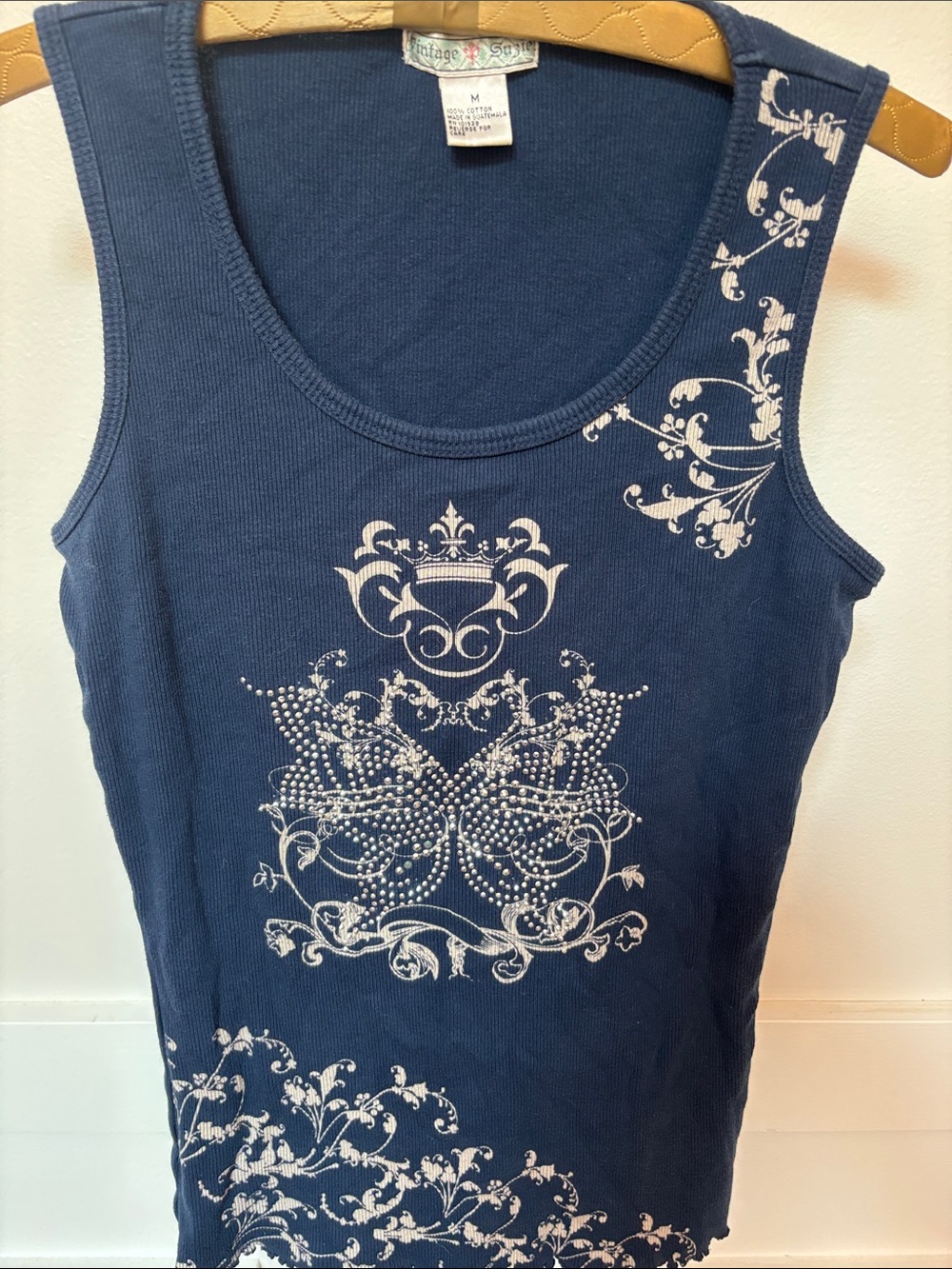 VTG Blue Embellished Tank Top - Soft Floral & Crown Design size Medium
